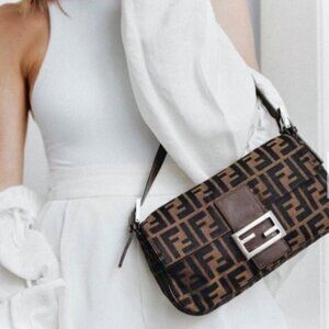 Authentic FENDI Zucca Mamma Baguette Canvas Leather Shoulder Bag Brown Tan